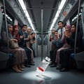 Maison Alhambra Aromatic Rouge by Maison Alhambra 100ml EDP — A group of people on a train looking shocked at a perfume bottle on the floor. | Maison Alhambra Aromatic Rouge by Maison Alhambra 100ml EDP — Sekumpulan orang di dalam kereta api kelihatan terkejut melihat botol minyak wangi di atas lantai.