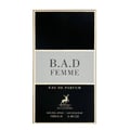 Maison Alhambra B.A.D. Femme by Maison Alhambra 100 ml — A rectangular perfume box with black and silver sections, featuring the text "B.A.D FEMME" and a deer logo. | Maison Alhambra B.A.D. Femme by Maison Alhambra 100 ml — Kotak minyak wangi berbentuk segi empat dengan bahagian hitam dan perak, menampilkan teks