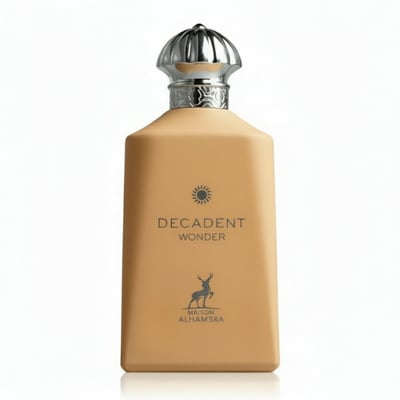 Maison Alhambra Decadent Wonder Her EDP 100 ml Alhambra — A tan-colored perfume bottle with a silver ornate cap and a silver deer logo on a white background. | Maison Alhambra Decadent Wonder Her EDP 100 ml Alhambra — Botol minyak wangi berwarna tan dengan penutup perak berhias dan logo rusa perak pada latar belakang