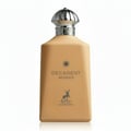 Maison Alhambra Decadent Wonder Her EDP 100 ml Alhambra — A tan-colored perfume bottle with a silver ornate cap and a silver deer logo on a white background. | Maison Alhambra Decadent Wonder Her EDP 100 ml Alhambra — Botol minyak wangi berwarna tan dengan penutup perak berhias dan logo rusa perak pada latar belakang