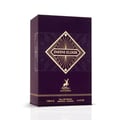 Maison Alhambra Infini Elixir — A dark purple perfume box with gold geometric art and text "INFINI ELIXIR" in a diamond shape. A deer logo is below. | Maison Alhambra Infini Elixir — Kotak minyak wangi ungu gelap dengan seni geometri emas dan teks "INFINI ELIXIR" dalam bentuk berlian. Logo rusa di bawah.