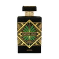 Maison Alhambra Infini Oud Joyous – Black bottle with gold and green art deco design, gold cap with textured band. | Maison Alhambra Infini Oud Joyous – Botol hitam dengan reka bentuk art deco emas dan hijau, penutup emas dengan jalur bertekstur.