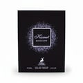Maison Alhambra Kismet Moscow by Maison Alhambra 100ml EDP — Black perfume box with a square white frame containing glittery dots and the text "Kismet Moscow" in elegant script and block letters, with a deer logo and product details at the bottom. | Kotak minyak wangi hitam Maison Alhambra Kismet Moscow by Maison