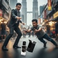Maison Alhambra Black Wood 60ml by Maison Alhambra EDP for Men — Two men in a street scene, one in a suit lunging forward, the other falling, with a perfume bottle and open box on the wet ground in the foreground. | Maison Alhambra Black Wood 60ml by Maison Alhambra EDP for Men — Dua lelaki dalam pemandangan jalanan
