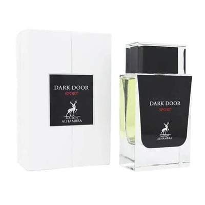 Maison Alhambra Dark Door Sport Men 100ml EDP — A white perfume box stands to the left of a clear glass perfume bottle with a black label and cap, showing yellow liquid inside. | Maison Alhambra Dark Door Sport Men 100ml EDP — Kotak pewangi putih berdiri di sebelah kiri botol pewangi kaca jernih dengan label dan