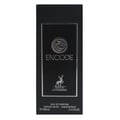 Maison Alhambra Encode By Maison Alhambra 100ml for Man — Black rectangular box with silver accents, featuring the "Encode" logo, a circular emblem, and a deer silhouette | Maison Alhambra Encode By Maison Alhambra 100ml for Man — Kotak segi empat hitam dengan aksen perak, menampilkan logo "Encode", lambang bulat, dan