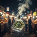 Maison Alhambra Luxe Bold – A clear glass perfume bottle with green liquid, shattered glass fragments, and smoke rising, set against a blurred night market background with food stalls and people. | Maison Alhambra Luxe Bold – Botol minyak wangi kaca jernih dengan cecair hijau, serpihan kaca pecah, dan asap naik
