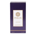 Maison Alhambra Philos Centro 100ml EDP — A purple box with a white label featuring gold geometric patterns and text. | Maison Alhambra Philos Centro 100ml EDP — Kotak ungu dengan label putih menampilkan corak geometri emas dan teks.
