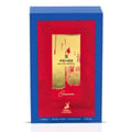 Maison Alhambra Renee Carmine EDP 100 ml — A blue perfume box with a red panel featuring abstract gold and black lines, a gold rectangular label with the brand name RENÉE and EAU DE PARFUM, and the name Carmine in script. | Maison Alhambra Renee Carmine EDP 100 ml — Kotak minyak wangi biru dengan panel merah