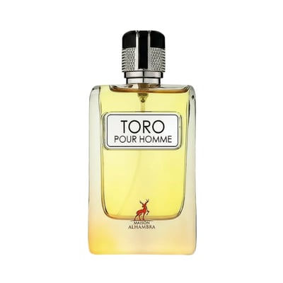 Maison Alhambra Toro Pour Homme – A clear glass perfume bottle with yellow liquid, a white label with black text reading "TORO POUR HOMME", and a small red deer graphic below the label. The cap is black and silver. | Maison Alhambra Toro Pour Homme – Botol minyak wangi kaca jernih dengan cecair kuning, label putih