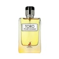 Maison Alhambra Toro Pour Homme – A clear glass perfume bottle with yellow liquid, a white label with black text reading "TORO POUR HOMME", and a small red deer graphic below the label. The cap is black and silver. | Maison Alhambra Toro Pour Homme – Botol minyak wangi kaca jernih dengan cecair kuning, label putih