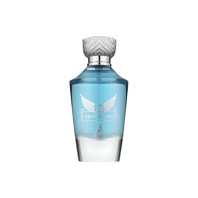 Maison Alhambra Victorioso Legend by Maison Alhambra 100 ml for Men — A clear glass perfume bottle with blue liquid and a silver cap, featuring a winged emblem and a deer silhouette on the label. | Maison Alhambra Victorioso Legend by Maison Alhambra 100 ml for Men — Botol minyak wangi kaca jernih dengan cecair biru