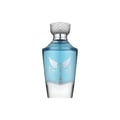 Maison Alhambra Victorioso Legend by Maison Alhambra 100 ml for Men — A clear glass perfume bottle with blue liquid and a silver cap, featuring a winged emblem and a deer silhouette on the label. | Maison Alhambra Victorioso Legend by Maison Alhambra 100 ml for Men — Botol minyak wangi kaca jernih dengan cecair biru