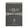 Maison Alhambra Your Touch Man by Maison Alhambra – 100 ml — A dark grey perfume box with silver chain-like designs at the top and middle, featuring the text "YOUR TOUCH" and a deer logo with "MAISON ALHAMBRA" below. | Maison Alhambra Your Touch Man by Maison Alhambra – 100 ml — Kotak minyak wangi kelabu gelap dengan