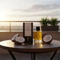 Maison Alhambra Montaigne Coco Maison Alhambra 100ml EDP — A perfume bottle and its box sit on a wooden table with halved coconuts, with a blurred balcony and sunset sky in the background. | Maison Alhambra Montaigne Coco Maison Alhambra 100ml EDP — Botol minyak wangi dan kotaknya diletakkan di atas meja kayu dengan