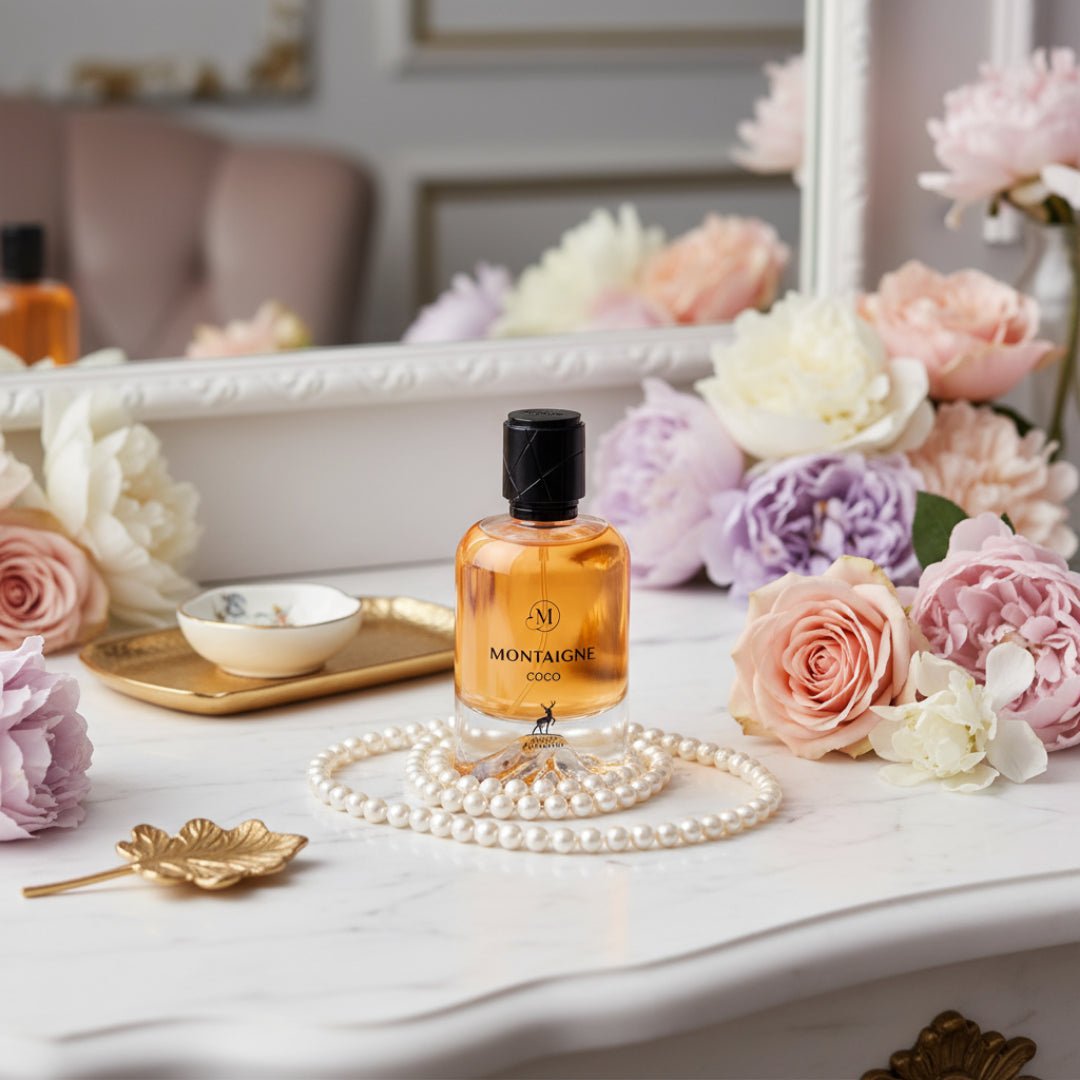 Maison Alhambra Montaigne Coco Maison Alhambra 100ml EDP — A clear glass perfume bottle with an orange liquid and a black cap sits on a marble surface, surrounded by a pearl necklace and various pink and white flowers. | Maison Alhambra Montaigne Coco Maison Alhambra 100ml EDP — Botol minyak wangi kaca jernih dengan