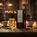 Maison Alhambra Montaigne Vanille by Maison Alhambra 100ml — A clear glass perfume bottle with golden liquid sits on a wooden table next to its black box, surrounded by lit candles, coffee cups, and vanilla beans. | Maison Alhambra Montaigne Vanille by Maison Alhambra 100ml — Botol minyak wangi kaca jernih dengan