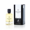 Maison Alhambra Montaigne Vanille Eau de Parfum — A clear glass perfume bottle with a black cap and yellow liquid, featuring a mountain-like design at the base, stands next to its black and white textured box with the brand logo and product details. | Maison Alhambra Montaigne Vanille Eau de Parfum — Botol kaca jernih
