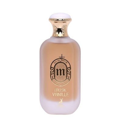 Maison Alhambra Musk Vanille by Maison Alhambra 100ml EDP — A frosted glass perfume bottle with a gold and white cap, featuring a black and gold emblem with an 'm' inside, and text 'EAU DE PARFUM' and 'MUSK VANILLE'. | Maison Alhambra Musk Vanille by Maison Alhambra 100ml EDP — Botol kaca beku dengan penutup emas dan