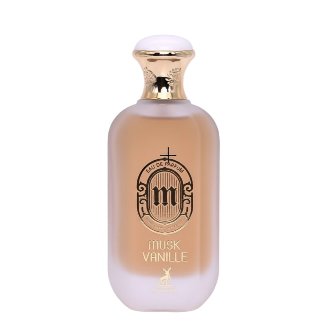 Maison Alhambra Musk Vanille by Maison Alhambra 100ml EDP — A frosted glass perfume bottle with a gold and white cap, featuring a black and gold emblem with an 'm' inside, and text 'EAU DE PARFUM' and 'MUSK VANILLE'. | Maison Alhambra Musk Vanille by Maison Alhambra 100ml EDP — Botol kaca beku dengan penutup emas dan