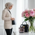 Maison Alhambra My Party 100ml EDP Woman — A woman in a hijab and blazer stands in the background, holding a small black handbag, with a bouquet of pink roses and baby's breath, a black handbag, and a bottle of My Party perfume on a marble surface in the foreground. | Maison Alhambra My Party 100ml EDP Woman — Seorang