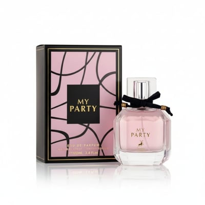Maison Alhambra My Party 100ml EDP Woman — A pink perfume bottle with a black ribbon bow sits next to its matching pink and black patterned box, both featuring the "MY PARTY" logo. | Maison Alhambra My Party 100ml EDP Woman — Sebotol minyak wangi merah jambu dengan reben hitam terletak di sebelah kotak bercorak merah