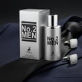 Maison Alhambra No.2 Men by Maison Alhambra 80ml EDP — A silver perfume bottle and its box stand on a dark blue suit jacket with a black tie and silver cufflinks. | Maison Alhambra No.2 Men by Maison Alhambra 80ml EDP — Botol minyak wangi perak dan kotaknya berdiri di atas jaket sut gelap biru dengan tali leher hitam
