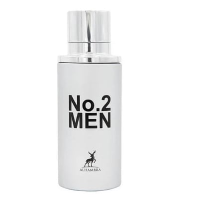 Maison Alhambra No.2 Men by Maison Alhambra 80ml EDP — A white perfume bottle with a silver cap, featuring black text 'No.2 MEN' and a deer silhouette logo with 'ALHAMBRA' below. | Maison Alhambra No.2 Men by Maison Alhambra 80ml EDP — Botol minyak wangi putih dengan penutup perak, menampilkan teks hitam 'No.2 MEN'
