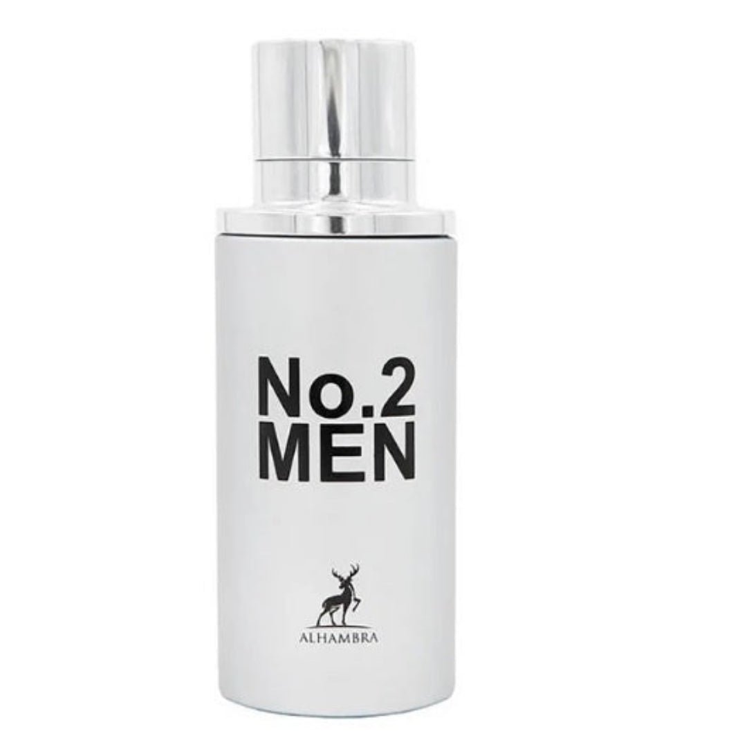 Maison Alhambra No.2 Men by Maison Alhambra 80ml EDP — A white perfume bottle with a silver cap, featuring black text 'No.2 MEN' and a deer silhouette logo with 'ALHAMBRA' below. | Maison Alhambra No.2 Men by Maison Alhambra 80ml EDP — Botol minyak wangi putih dengan penutup perak, menampilkan teks hitam 'No.2 MEN'