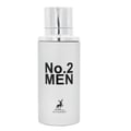 Maison Alhambra No.2 Men by Maison Alhambra 80ml EDP — A white perfume bottle with a silver cap, featuring black text 'No.2 MEN' and a deer silhouette logo with 'ALHAMBRA' below. | Maison Alhambra No.2 Men by Maison Alhambra 80ml EDP — Botol minyak wangi putih dengan penutup perak, menampilkan teks hitam 'No.2 MEN'
