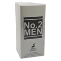 Maison Alhambra No.2 Men by Maison Alhambra 80ml EDP — A light grey cardboard box for men's fragrance, featuring black text that reads 'No.2 MEN' prominently, with a deer logo and product details at the bottom. | Maison Alhambra No.2 Men by Maison Alhambra 80ml EDP — Kotak kadbod kelabu muda untuk wangian lelaki