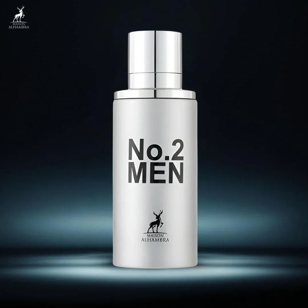Maison Alhambra No.2 Men by Maison Alhambra 80ml EDP — A white perfume bottle with a silver cap, featuring black text 'No.2 MEN' and a deer logo. The bottle is centered against a dark, gradient background with a subtle light effect at the bottom. | Maison Alhambra No.2 Men by Maison Alhambra 80ml EDP — Botol minyak