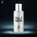 Maison Alhambra No.2 Men by Maison Alhambra 80ml EDP — A white perfume bottle with a silver cap, featuring black text 'No.2 MEN' and a deer logo. The bottle is centered against a dark, gradient background with a subtle light effect at the bottom. | Maison Alhambra No.2 Men by Maison Alhambra 80ml EDP — Botol minyak
