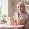 Maison Alhambra Olivia by Maison Alhambra 80ml EDP — Woman in hijab holding a coffee drink next to the perfume box and bottle on a pink table. | Maison Alhambra Olivia by Maison Alhambra 80ml EDP — Wanita bertudung memegang minuman kopi di sebelah kotak dan botol minyak wangi di atas meja merah jambu.