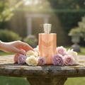 Maison Alhambra Olivia by Maison Alhambra 80ml EDP — A hand reaches for a bouquet of pastel roses surrounding a rose gold perfume bottle on a stone table in a garden | Maison Alhambra Olivia by Maison Alhambra 80ml EDP — Tangan mencapai sejambak mawar pastel mengelilingi botol minyak wangi emas mawar di atas meja batu