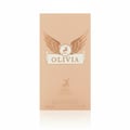 Maison Alhambra Olivia by Maison Alhambra 80ml EDP — A light peach-colored perfume box with gold embossed wings and a deer logo above the name OLIVIA. Below is another deer logo and text for EAU DE PARFUM. | Maison Alhambra Olivia by Maison Alhambra 80ml EDP — Kotak pewangi berwarna pic cerah dengan lambang sayap emas