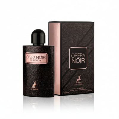 Maison Alhambra Opera Noir by Maison Alhambra 100ml EDP — Black speckled bottle with a pink label and a black cap, next to a black and pink box with a deer logo. | Maison Alhambra Opera Noir by Maison Alhambra 100ml EDP — Botol hitam berbintik dengan label merah jambu dan penutup hitam, bersebelahan dengan kotak hitam
