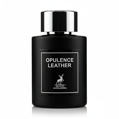 Maison Alhambra Opulence Leather — Black perfume bottle with a silver cap and a black label featuring a deer logo and the text "OPULENCE LEATHER" and "MAISON ALHAMBRA". | Botol minyak wangi hitam dengan penutup perak dan label hitam menampilkan logo rusa serta teks "OPULENCE LEATHER" dan "MAISON ALHAMBRA".