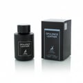 Maison Alhambra Opulence Leather – Black perfume bottle and its matching black box, both with white text and a deer logo, displayed on a reflective white surface. | Maison Alhambra Opulence Leather – Botol minyak wangi hitam dan kotak hitam yang sepadan, kedua-duanya dengan teks putih dan logo rusa, dipaparkan di atas