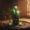 Maison Alhambra Opulence Leather — A black perfume bottle with a broken glass effect at the top, adorned with white jasmine flowers and green leaves, sits on a patterned fabric. | Maison Alhambra Opulence Leather — Botol minyak wangi hitam dengan kesan kaca pecah di bahagian atas, dihiasi bunga melur putih dan daun