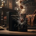 Maison Alhambra Opulence Leather – A black perfume bottle and box are shattered, with wood chips and white flowers exploding outwards, creating a dramatic effect. | Maison Alhambra Opulence Leather – Botol dan kotak minyak wangi hitam pecah berderai, dengan serpihan kayu dan bunga putih meletup keluar, mencipta kesan