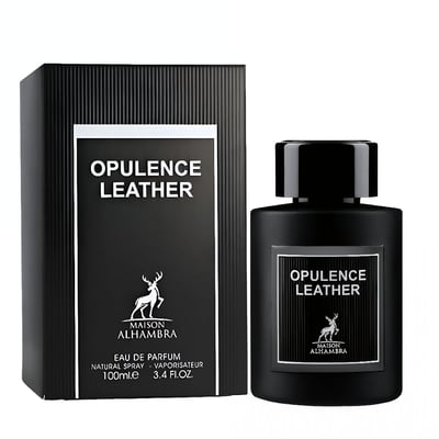 Maison Alhambra Opulence Leather — Black ribbed box and black perfume bottle with white label featuring a deer logo and text | Maison Alhambra Opulence Leather — Kotak hitam bergaris dan botol minyak wangi hitam dengan label putih menampilkan logo rusa dan teks