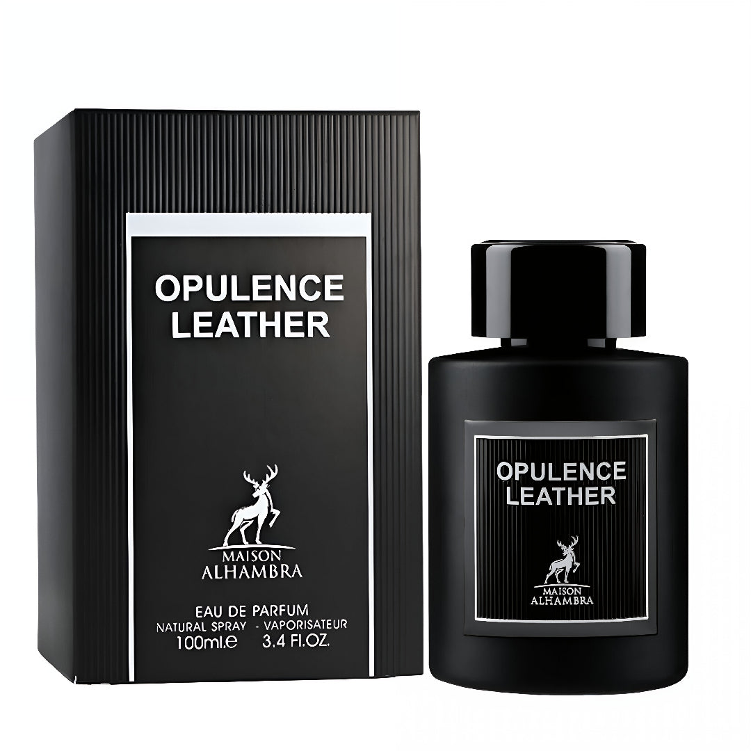 Maison Alhambra Opulence Leather — Black ribbed box and black perfume bottle with white label featuring a deer logo and text | Maison Alhambra Opulence Leather — Kotak hitam bergaris dan botol minyak wangi hitam dengan label putih menampilkan logo rusa dan teks