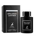 Maison Alhambra Opulence Leather — Black ribbed box and black perfume bottle with white label featuring a deer logo and text | Maison Alhambra Opulence Leather — Kotak hitam bergaris dan botol minyak wangi hitam dengan label putih menampilkan logo rusa dan teks