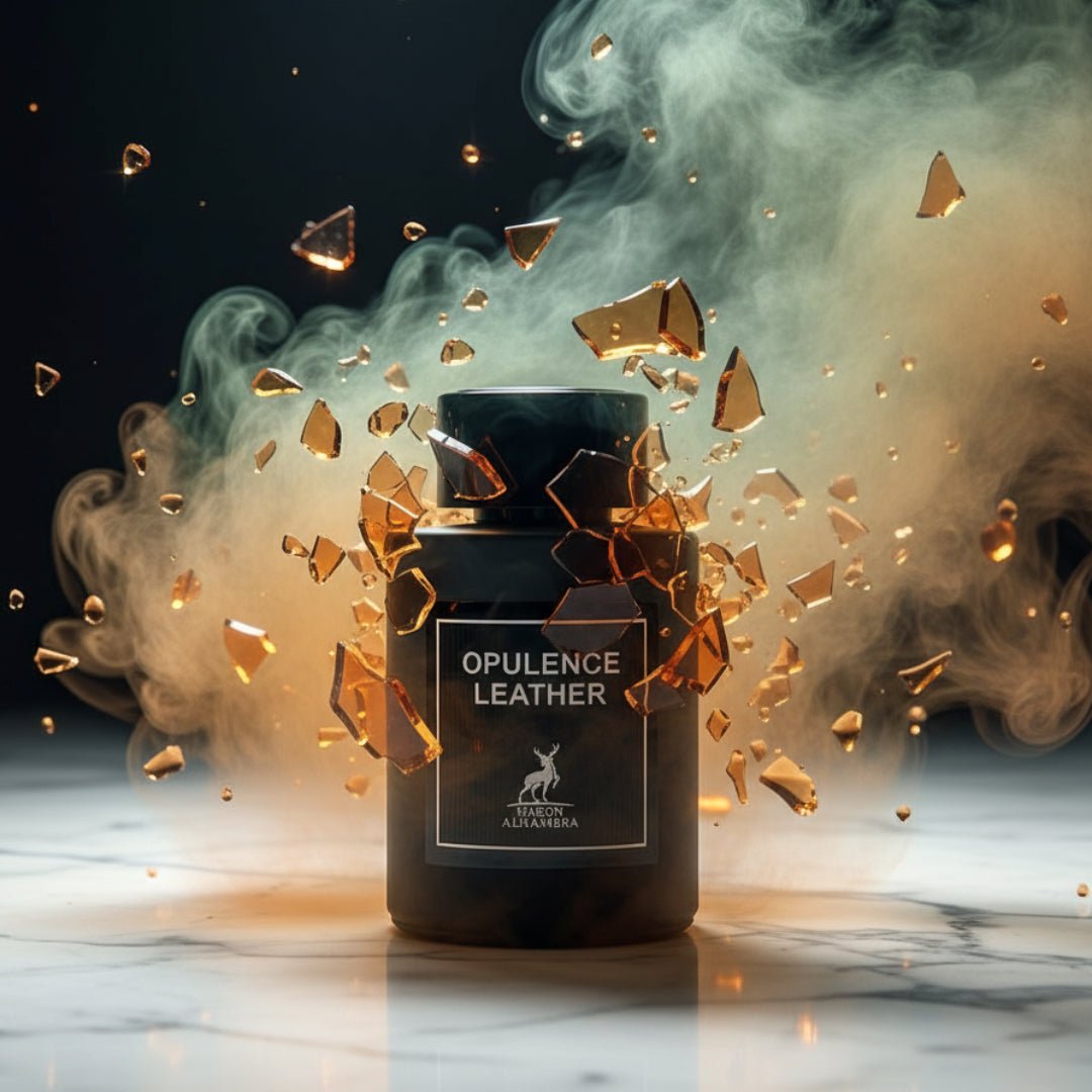 Maison Alhambra Opulence Leather — A dark glass perfume bottle with a label reading 'OPULENCE LEATHER' is surrounded by exploding amber shards and wisps of smoke against a dark background. | Maison Alhambra Opulence Leather — Botol minyak wangi kaca gelap dengan label bertulis 'OPULENCE LEATHER' dikelilingi serpihan