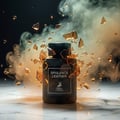 Maison Alhambra Opulence Leather — A dark glass perfume bottle with a label reading 'OPULENCE LEATHER' is surrounded by exploding amber shards and wisps of smoke against a dark background. | Maison Alhambra Opulence Leather — Botol minyak wangi kaca gelap dengan label bertulis 'OPULENCE LEATHER' dikelilingi serpihan