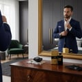 Maison Alhambra Black Origami by Maison Alhambra 100ml EDP — Man in a blue suit adjusting his shirt in front of a mirror, with perfume bottles and a watch on a wooden dresser. | Lelaki memakai sut biru sedang mengemaskan bajunya di hadapan cermin, dengan botol minyak wangi dan jam tangan di atas meja solek kayu.