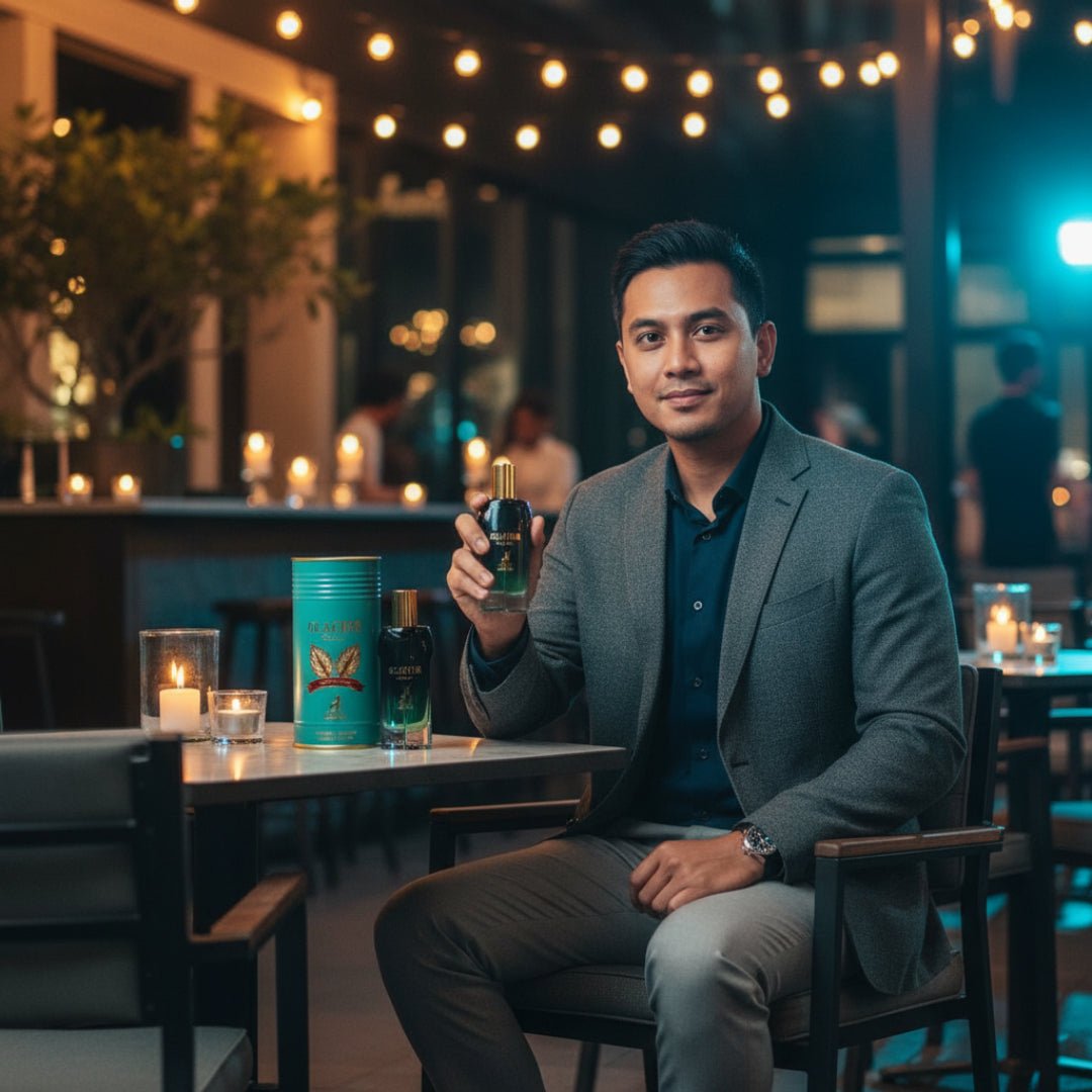 Maison Alhambra Glacier Bold by Maison Alhambra 100ml EDP — Man in a grey suit holding a perfume bottle, seated at a table with two other perfume bottles and candles in a dimly lit restaurant setting. | Maison Alhambra Glacier Bold by Maison Alhambra 100ml EDP — Lelaki berbaju kelabu memegang botol minyak wangi, duduk