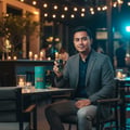 Maison Alhambra Glacier Bold by Maison Alhambra 100ml EDP — Man in a grey suit holding a perfume bottle, seated at a table with two other perfume bottles and candles in a dimly lit restaurant setting. | Maison Alhambra Glacier Bold by Maison Alhambra 100ml EDP — Lelaki berbaju kelabu memegang botol minyak wangi, duduk