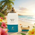 Maison Alhambra Pacific Blue by Maison Alhambra 80ml Man — A white and teal perfume bottle with a gold cap sits on a sandy beach with tropical flowers and palm trees in the background, with the ocean and sunset visible. | Maison Alhambra Pacific Blue by Maison Alhambra 80ml Man — Sebotol minyak wangi putih dan teal